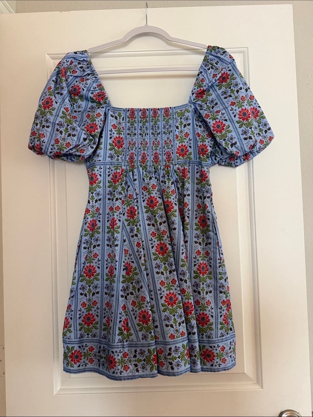 Blue Floral Mini Dress with Puff Sleeves - Picture 3 of 5